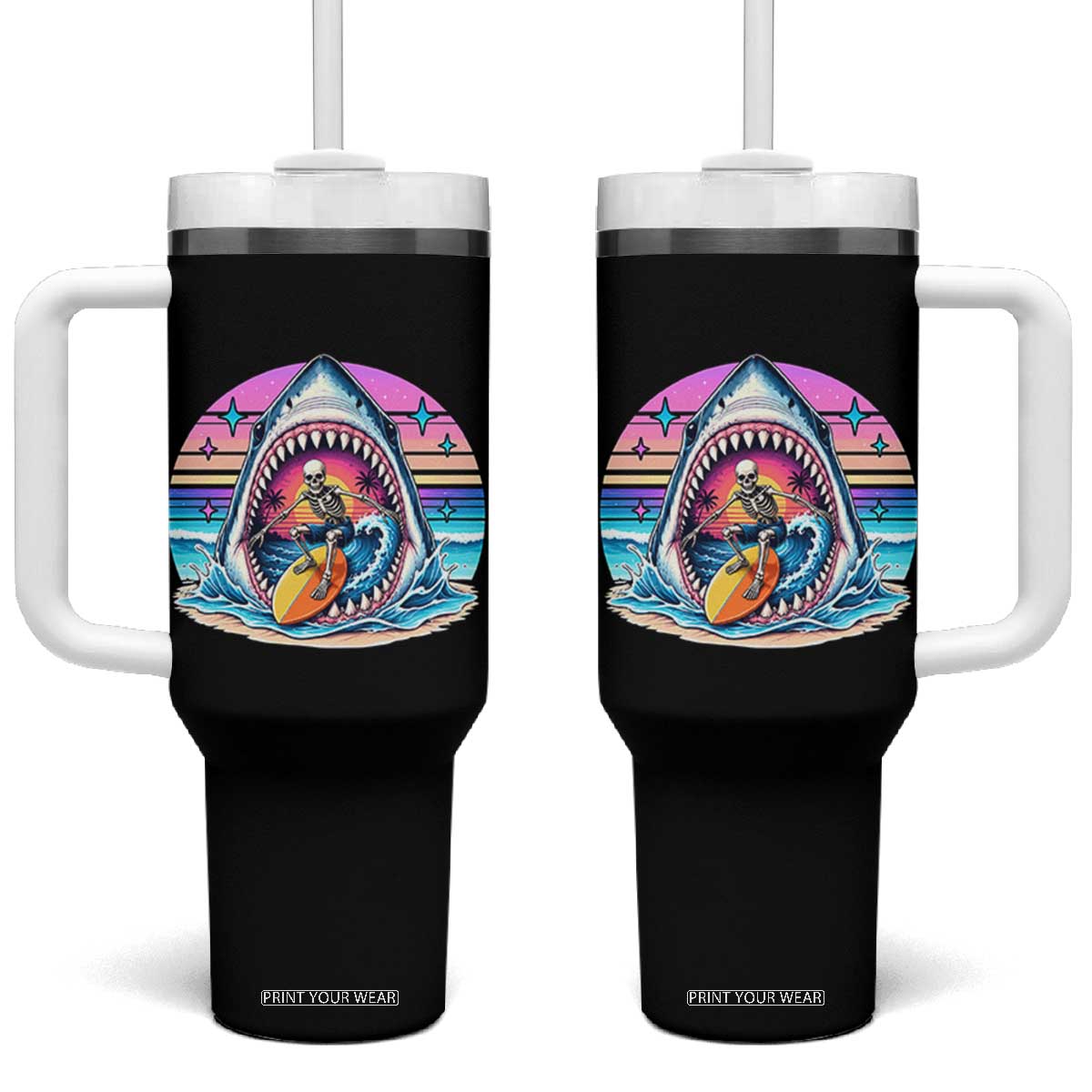 Shark Skeleton Surfer Tumbler With Handle Hawaiian Beach Vacation Gift TS12 One Size: 40 oz Black Print Your Wear