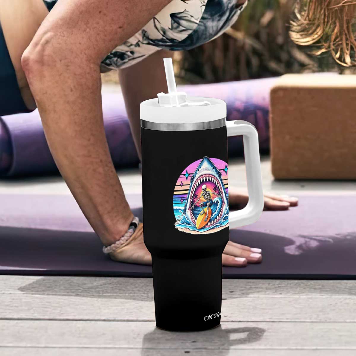 Shark Skeleton Surfer Tumbler With Handle Hawaiian Beach Vacation Gift