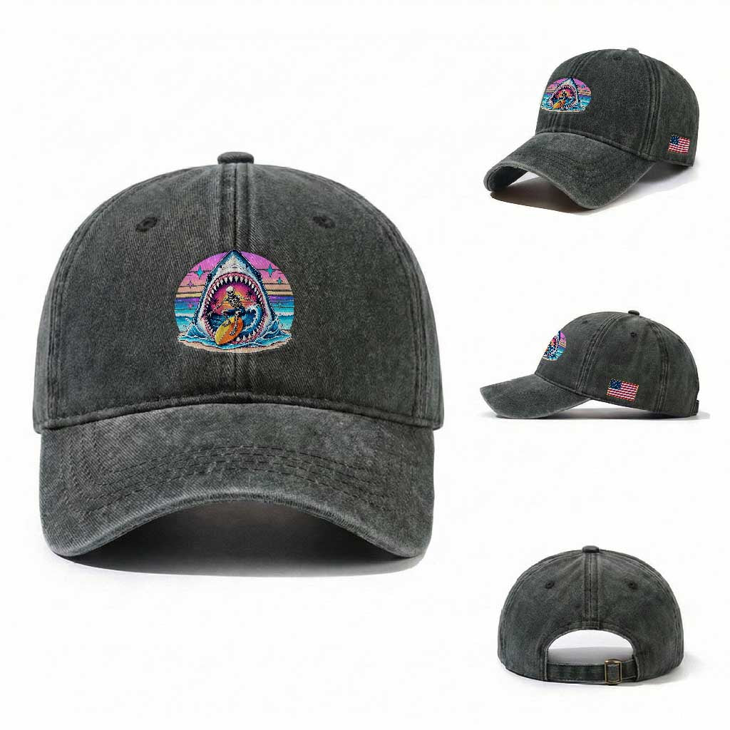 Shark Skeleton Surfer Washed Cotton Baseball Cap Hawaiian Beach Vacation Gift