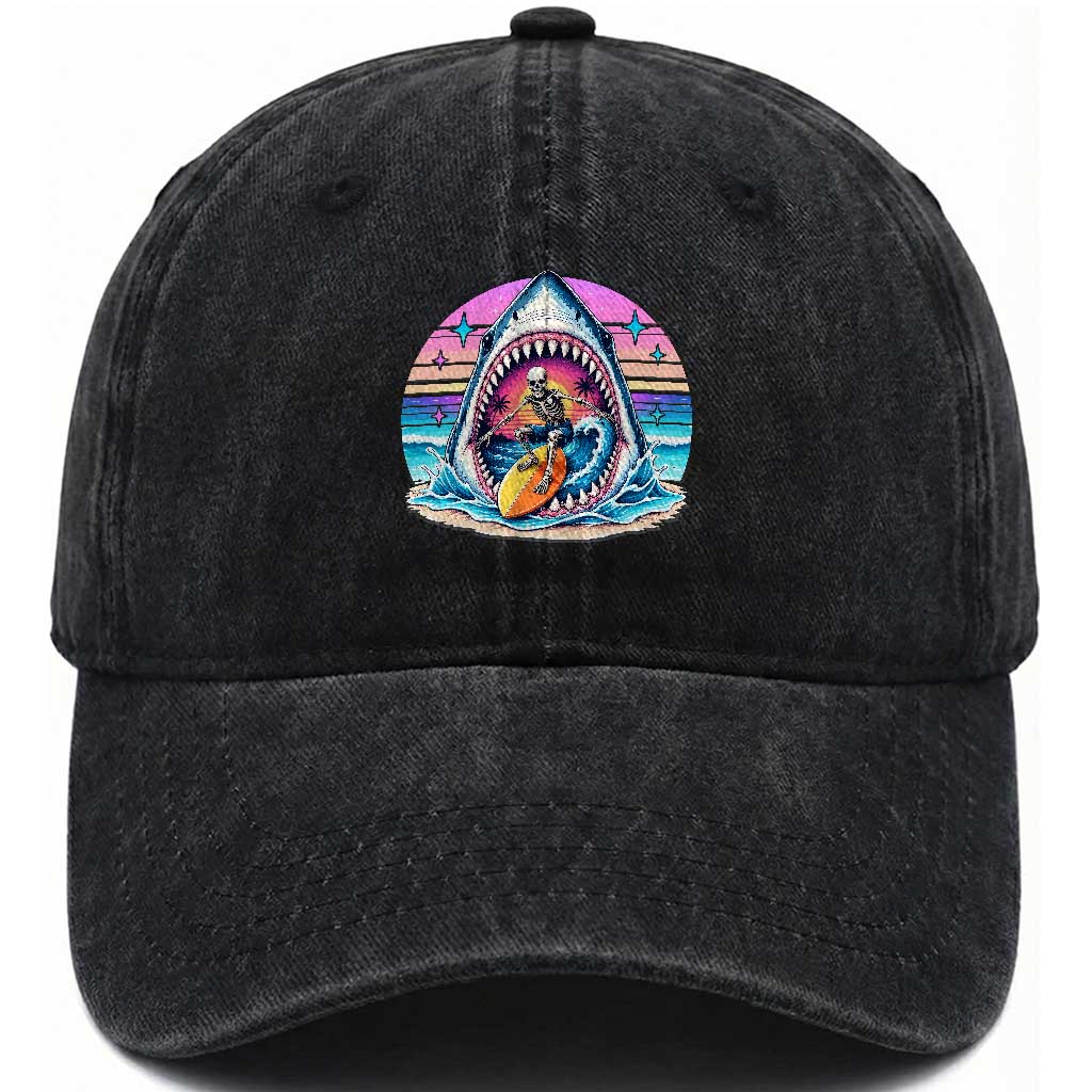 Shark Skeleton Surfer Washed Cotton Baseball Cap Hawaiian Beach Vacation Gift TS12 Print Your Wear