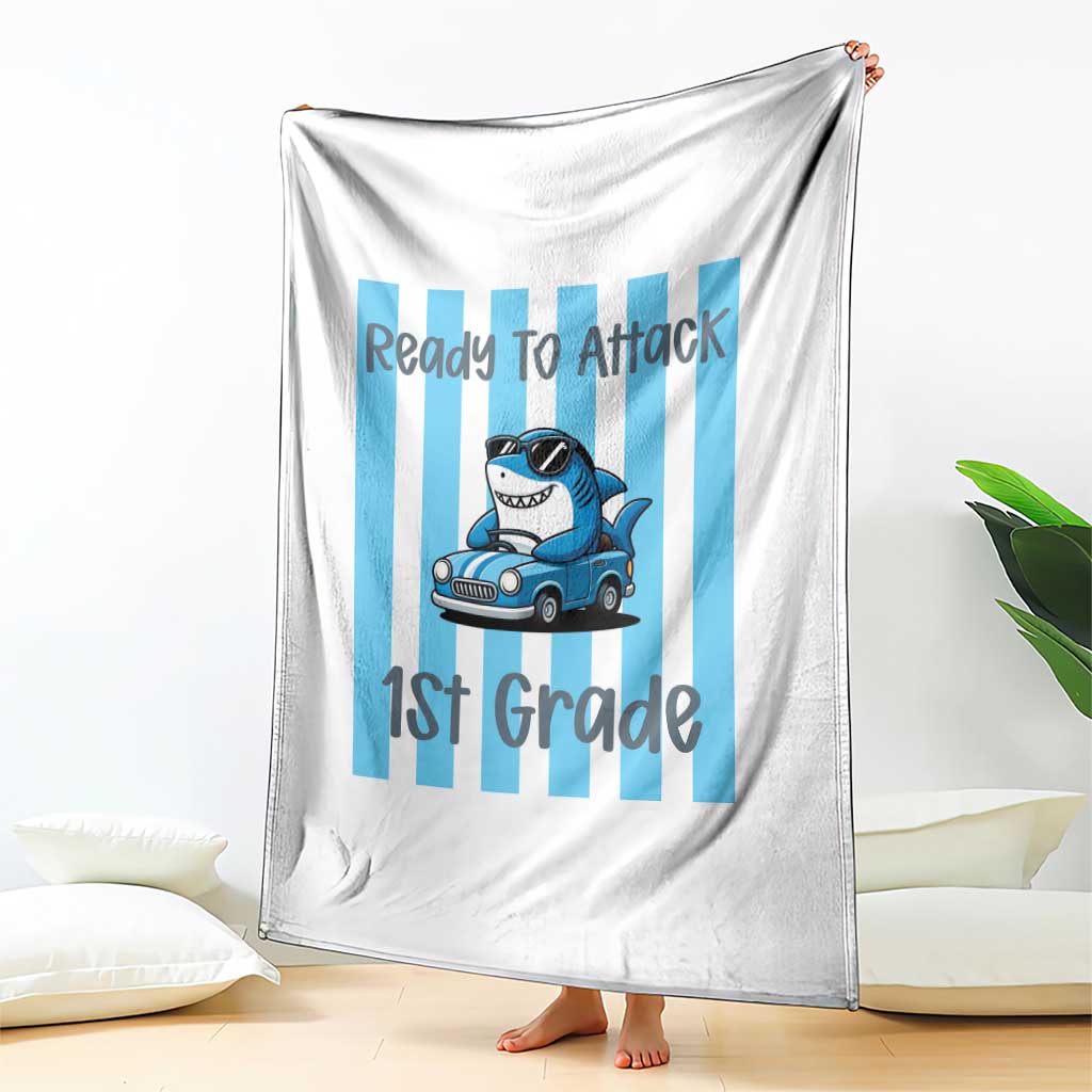 Ready To Attack 1st Grade Throw Blanket Funny Shark Driving Car Back To School