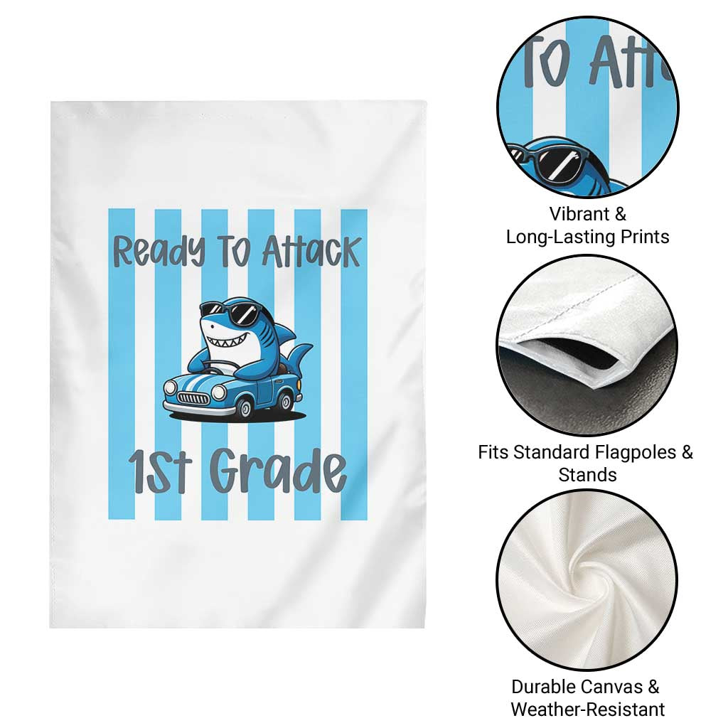 Ready To Attack 1st Grade Garden Flag Funny Shark Driving Car Back To School
