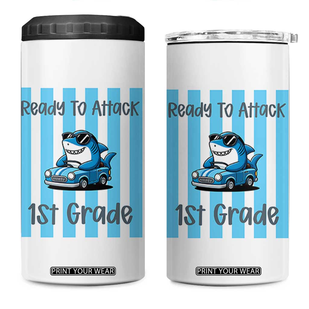 Ready To Attack 1st Grade 4 in 1 Can Cooler Tumbler Funny Shark Driving Car Back To School TS12 One Size: 16 oz White Print Your Wear