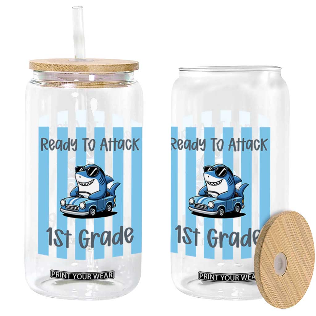 Ready To Attack 1st Grade Glass Can Funny Shark Driving Car Back To School