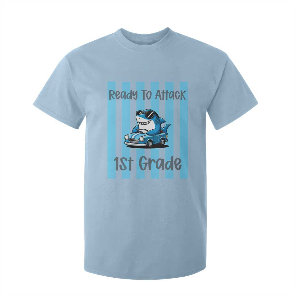 Ready To Attack 1st Grade T Shirt For Kid Funny Shark Driving Car Back To School TS12 Light Blue Print Your Wear