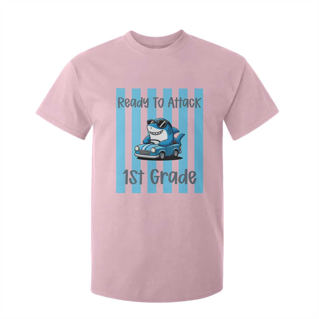 Ready To Attack 1st Grade T Shirt For Kid Funny Shark Driving Car Back To School TS12 Light Pink Print Your Wear