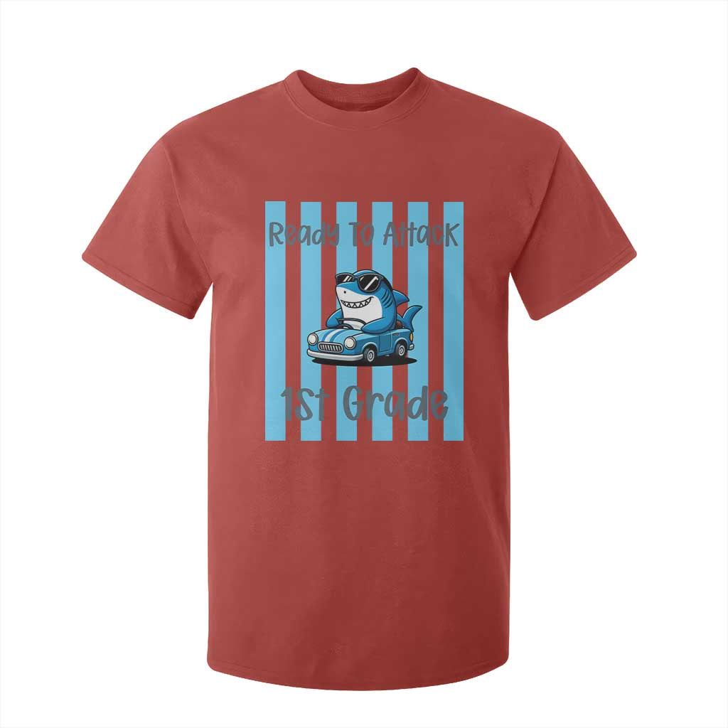 Ready To Attack 1st Grade T Shirt For Kid Funny Shark Driving Car Back To School TS12 Red Print Your Wear