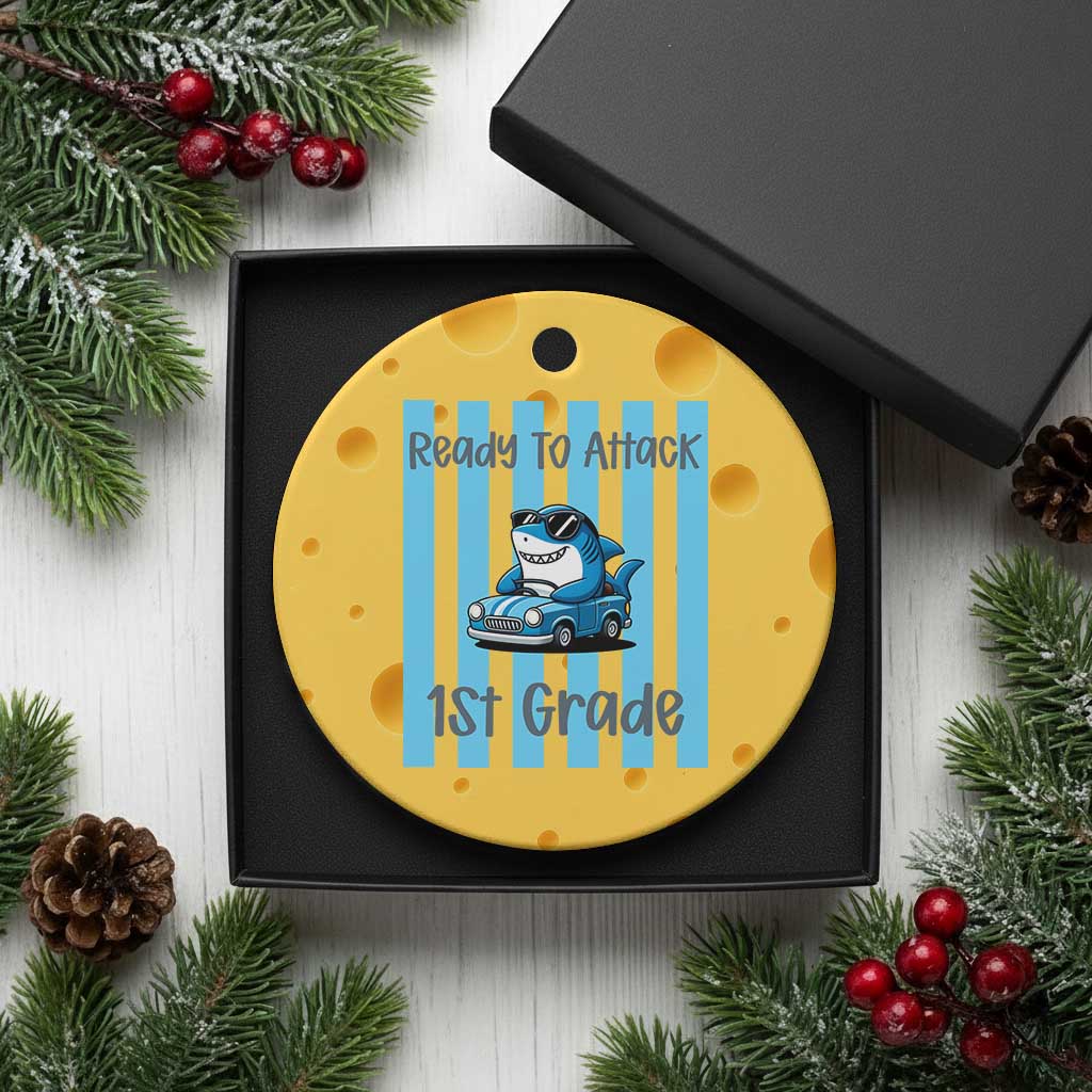 Ready To Attack 1st Grade Ceramic Ornament Funny Shark Driving Car Back To School