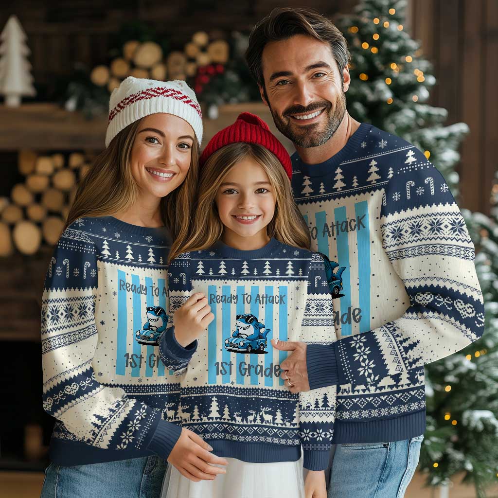 Ready To Attack 1st Grade Ugly Christmas Sweater Funny Shark Driving Car Back To School