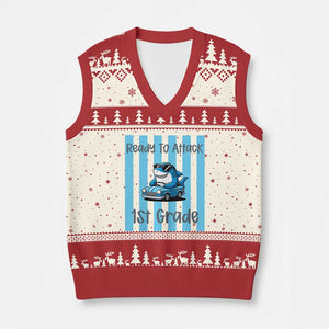 Ready To Attack 1st Grade V-Neck Knit Sweater Vest Funny Shark Driving Car Back To School