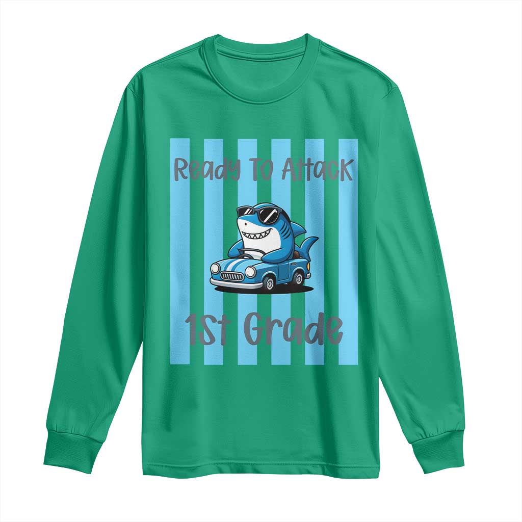 Ready To Attack 1st Grade Long Sleeve Shirt Funny Shark Driving Car Back To School TS12 Irish Green Print Your Wear