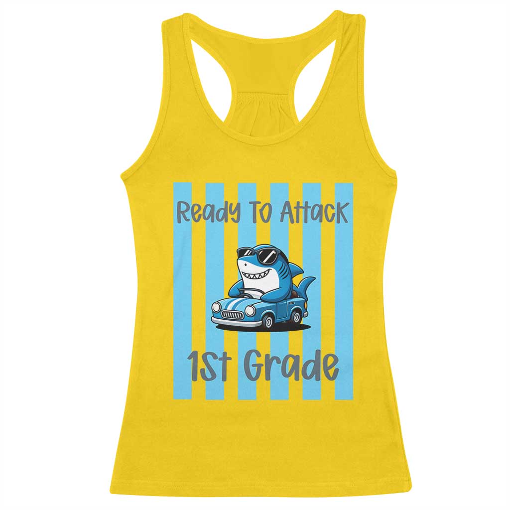 Ready To Attack 1st Grade Racerback Tank Top Funny Shark Driving Car Back To School