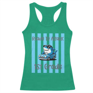 Ready To Attack 1st Grade Racerback Tank Top Funny Shark Driving Car Back To School