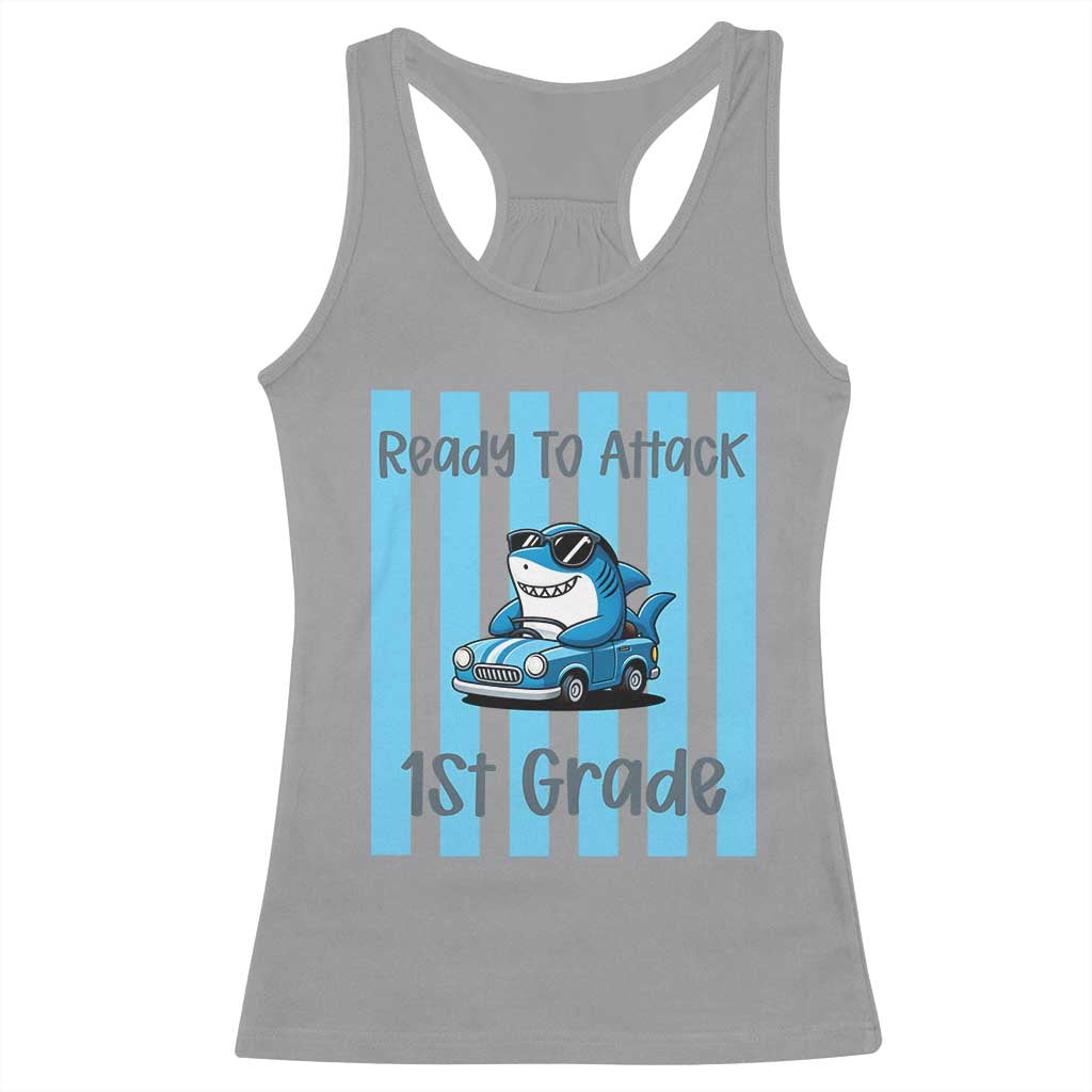 Ready To Attack 1st Grade Racerback Tank Top Funny Shark Driving Car Back To School