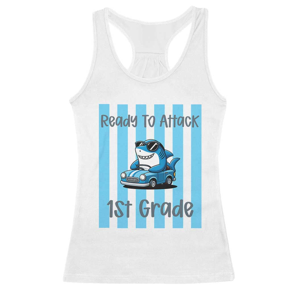 Ready To Attack 1st Grade Racerback Tank Top Funny Shark Driving Car Back To School
