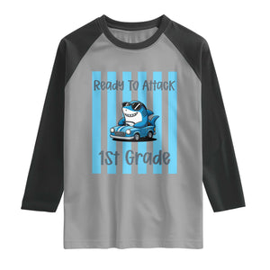 Ready To Attack 1st Grade Raglan Shirt Funny Shark Driving Car Back To School