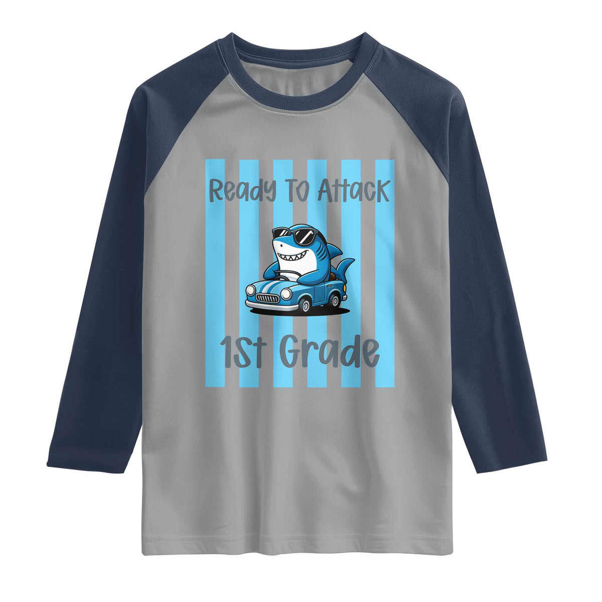 Ready To Attack 1st Grade Raglan Shirt Funny Shark Driving Car Back To School