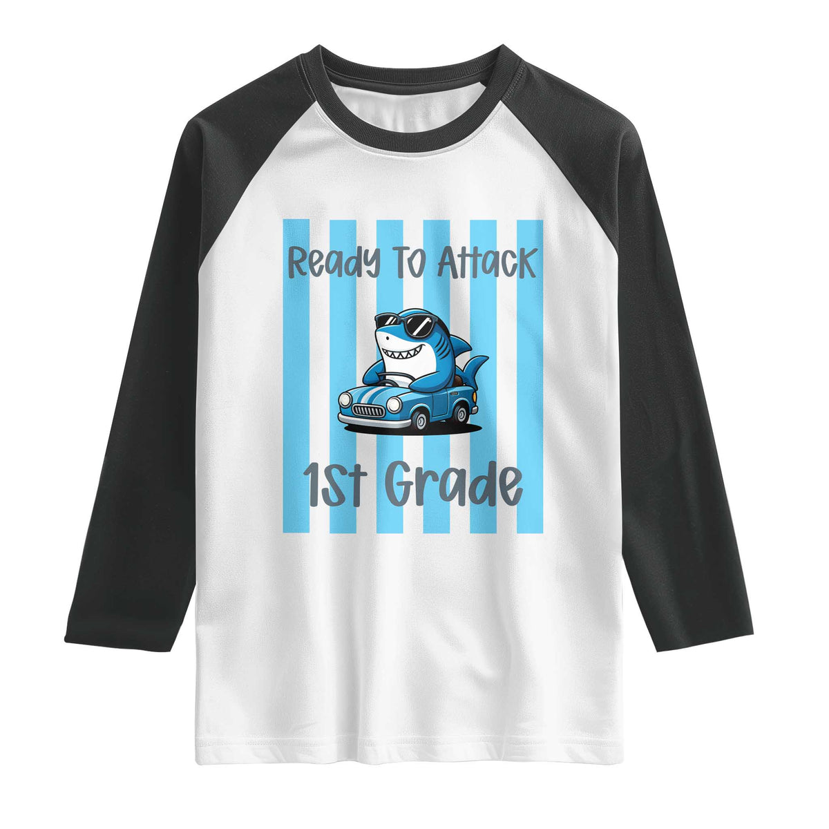 Ready To Attack 1st Grade Raglan Shirt Funny Shark Driving Car Back To School