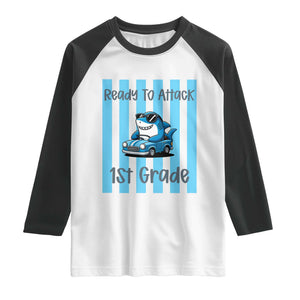 Ready To Attack 1st Grade Raglan Shirt Funny Shark Driving Car Back To School