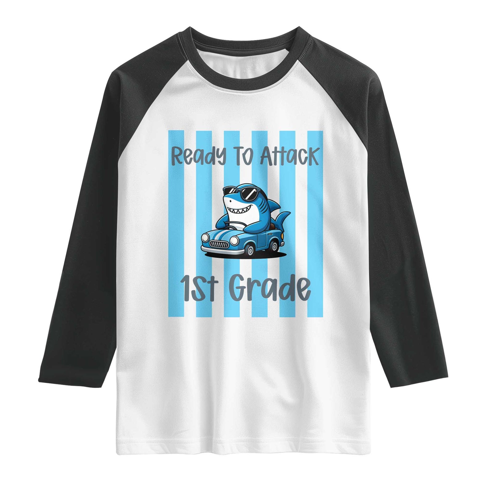 Ready To Attack 1st Grade Raglan Shirt Funny Shark Driving Car Back To School TS12 White Black Print Your Wear