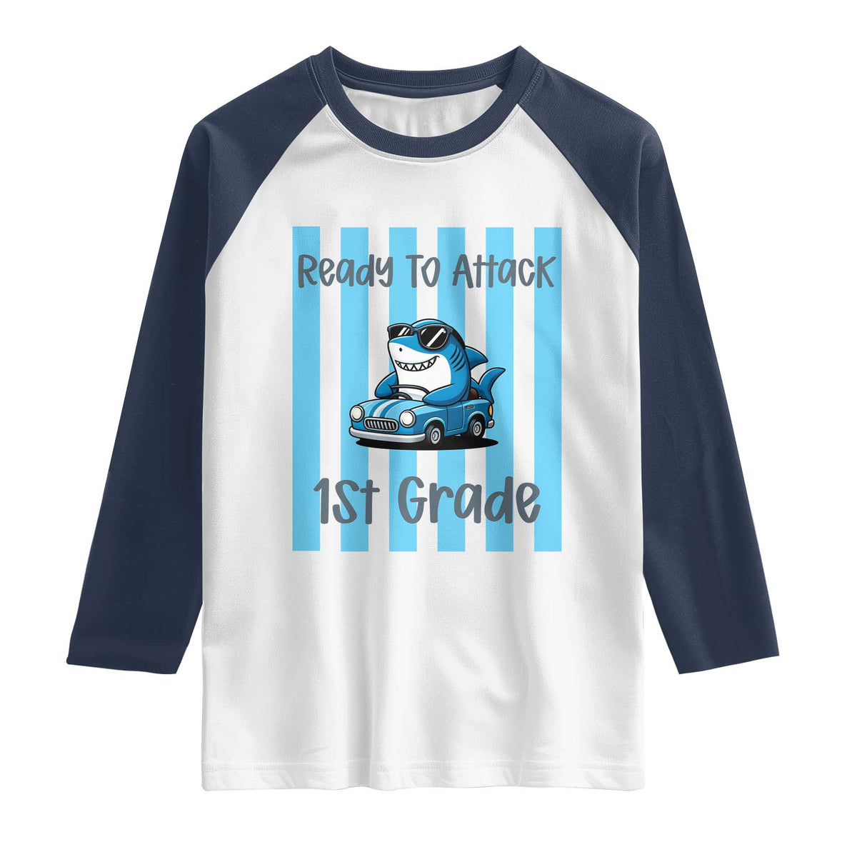 Ready To Attack 1st Grade Raglan Shirt Funny Shark Driving Car Back To School