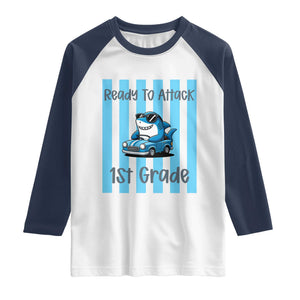 Ready To Attack 1st Grade Raglan Shirt Funny Shark Driving Car Back To School