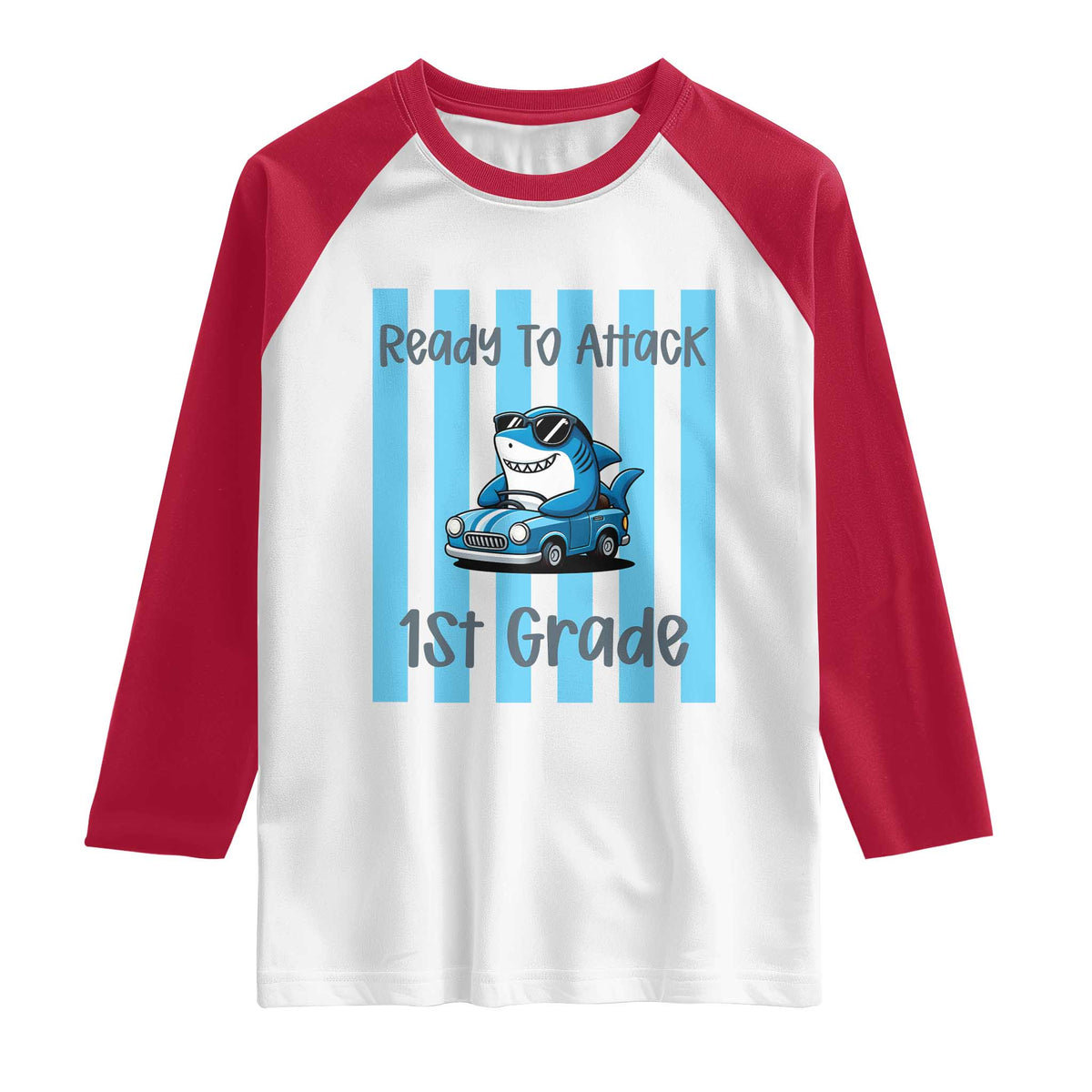 Ready To Attack 1st Grade Raglan Shirt Funny Shark Driving Car Back To School