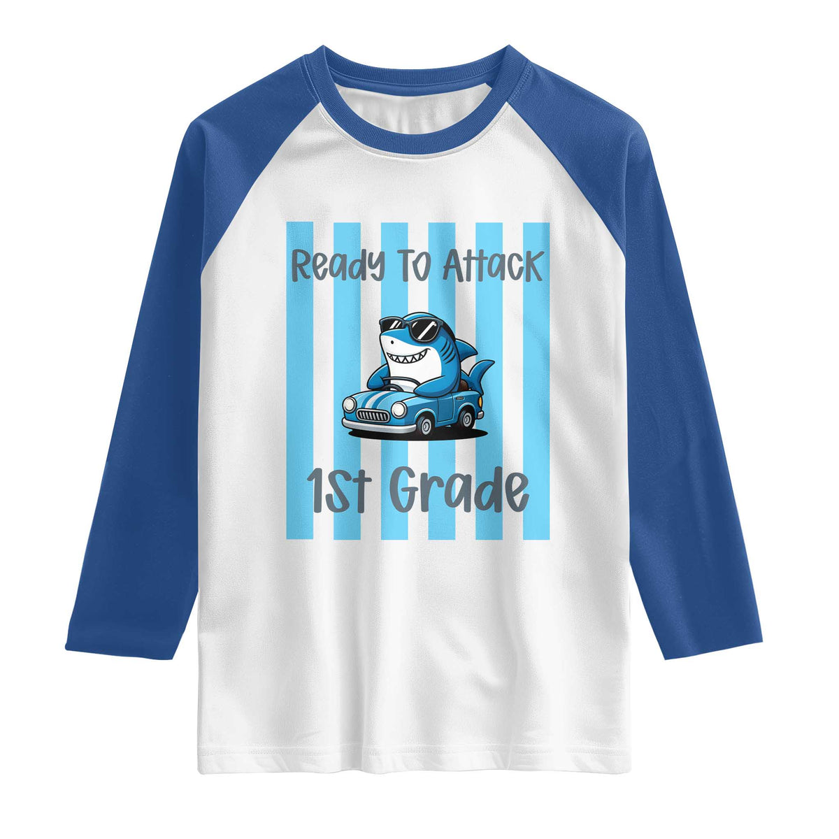 Ready To Attack 1st Grade Raglan Shirt Funny Shark Driving Car Back To School