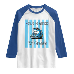 Ready To Attack 1st Grade Raglan Shirt Funny Shark Driving Car Back To School