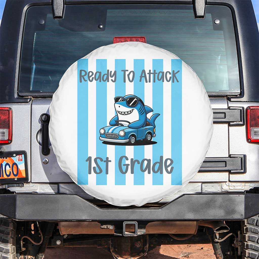 Ready To Attack 1st Grade Spare Tire Cover Funny Shark Driving Car Back To School