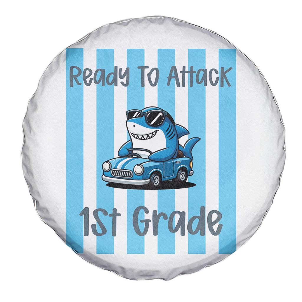 Ready To Attack 1st Grade Spare Tire Cover Funny Shark Driving Car Back To School