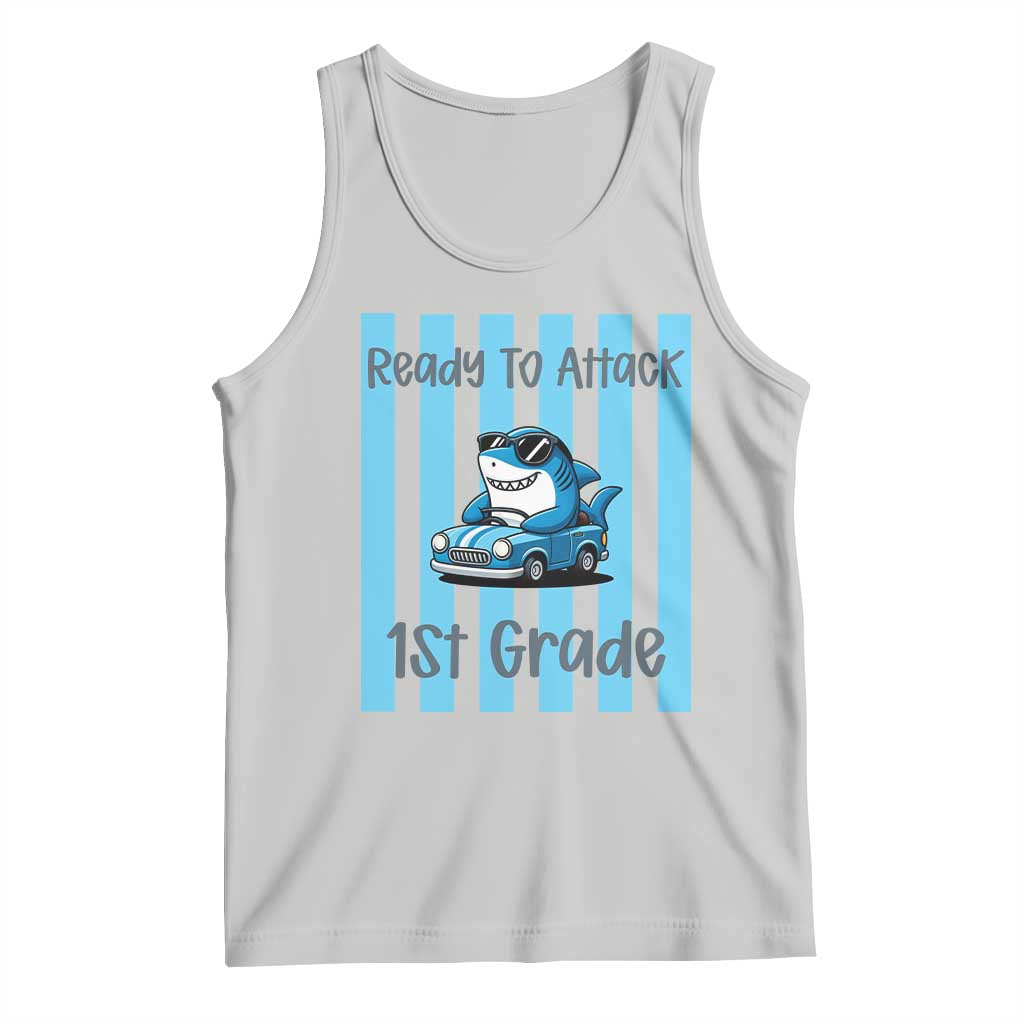Ready To Attack 1st Grade Tank Top Funny Shark Driving Car Back To School