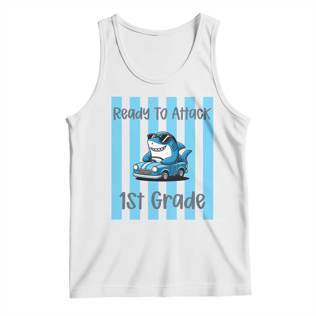 Ready To Attack 1st Grade Tank Top Funny Shark Driving Car Back To School