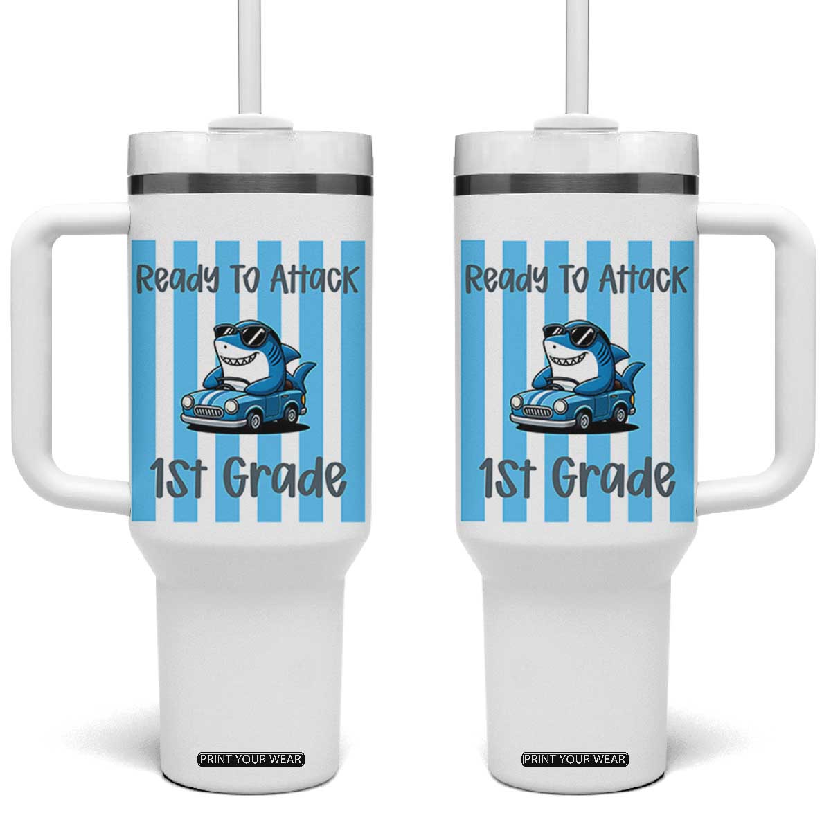 Ready To Attack 1st Grade Tumbler With Handle Funny Shark Driving Car Back To School