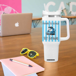 Ready To Attack 1st Grade Tumbler With Handle Funny Shark Driving Car Back To School