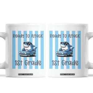 Ready To Attack 1st Grade Coffee Mug Funny Shark Driving Car Back To School