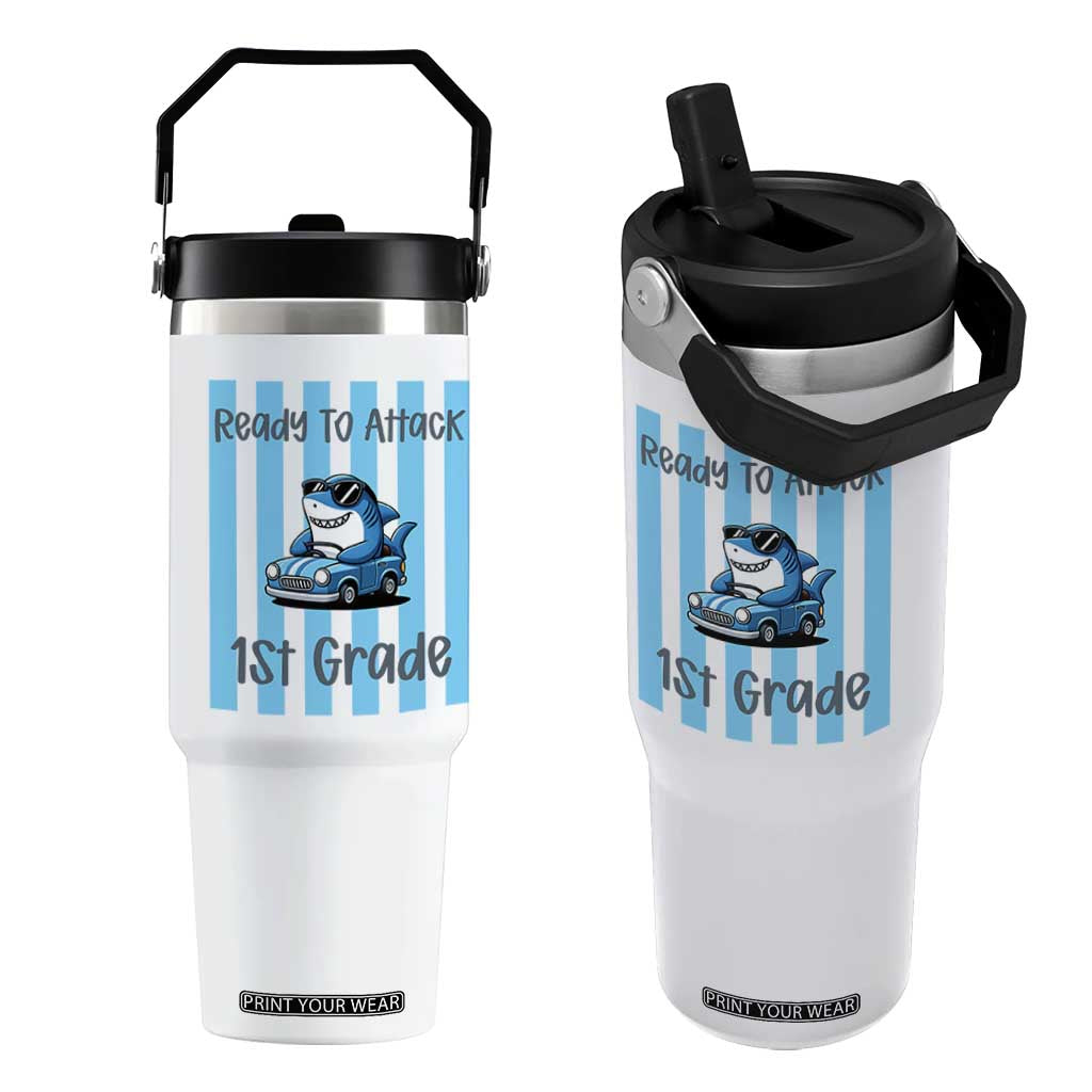 Ready To Attack 1st Grade Flip Straw Tumbler Funny Shark Driving Car Back To School