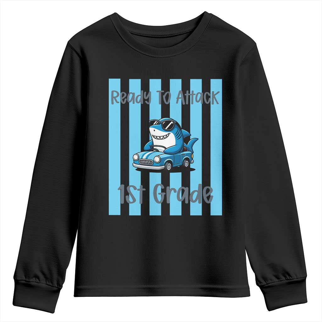 Ready To Attack 1st Grade Youth Sweatshirt Funny Shark Driving Car Back To School