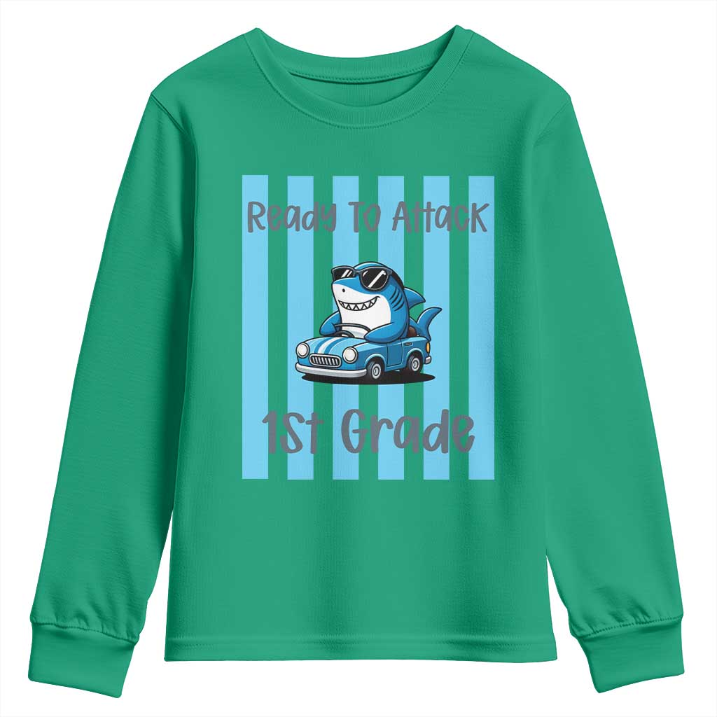 Ready To Attack 1st Grade Youth Sweatshirt Funny Shark Driving Car Back To School