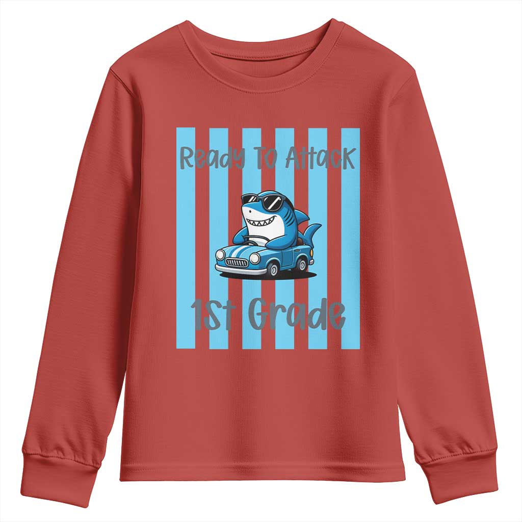 Ready To Attack 1st Grade Youth Sweatshirt Funny Shark Driving Car Back To School