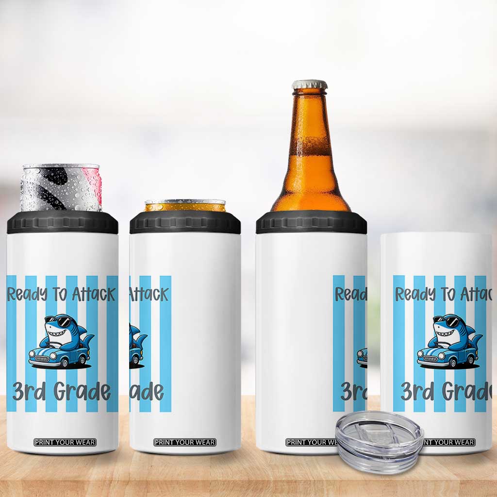 Ready To Attack 3rd Grade 4 in 1 Can Cooler Tumbler Funny Shark Driving Car Back To School