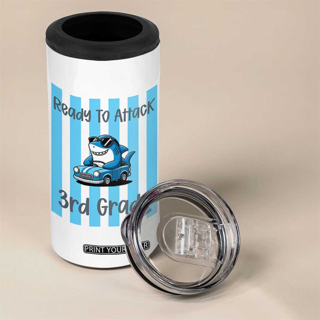 Ready To Attack 3rd Grade 4 in 1 Can Cooler Tumbler Funny Shark Driving Car Back To School