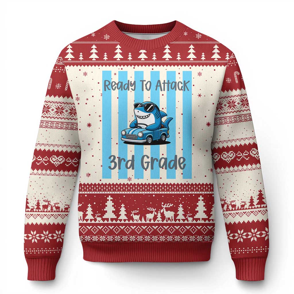 Ready To Attack 3rd Grade Ugly Christmas Sweater Funny Shark Driving Car Back To School