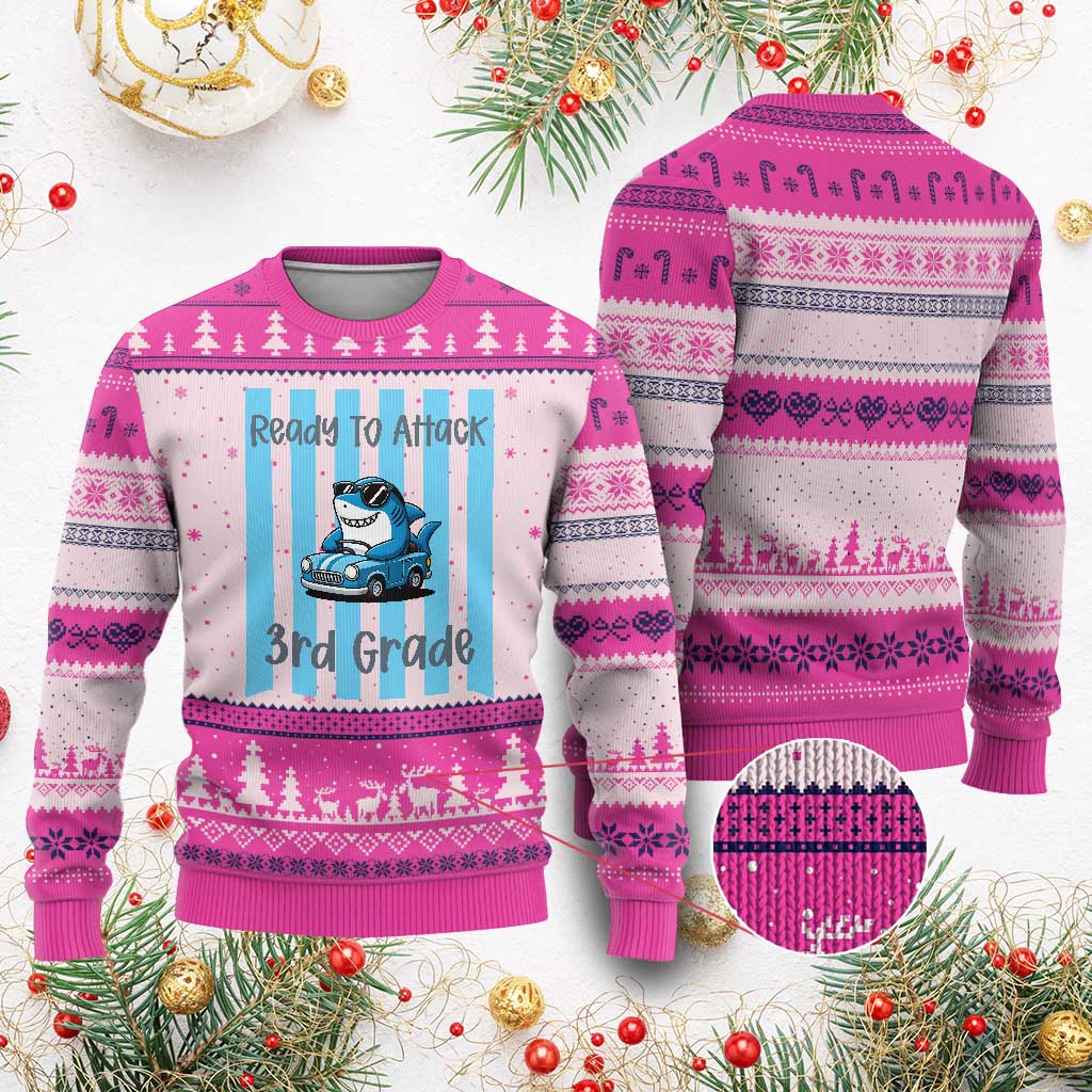 Ready To Attack 3rd Grade Ugly Christmas Sweater Funny Shark Driving Car Back To School