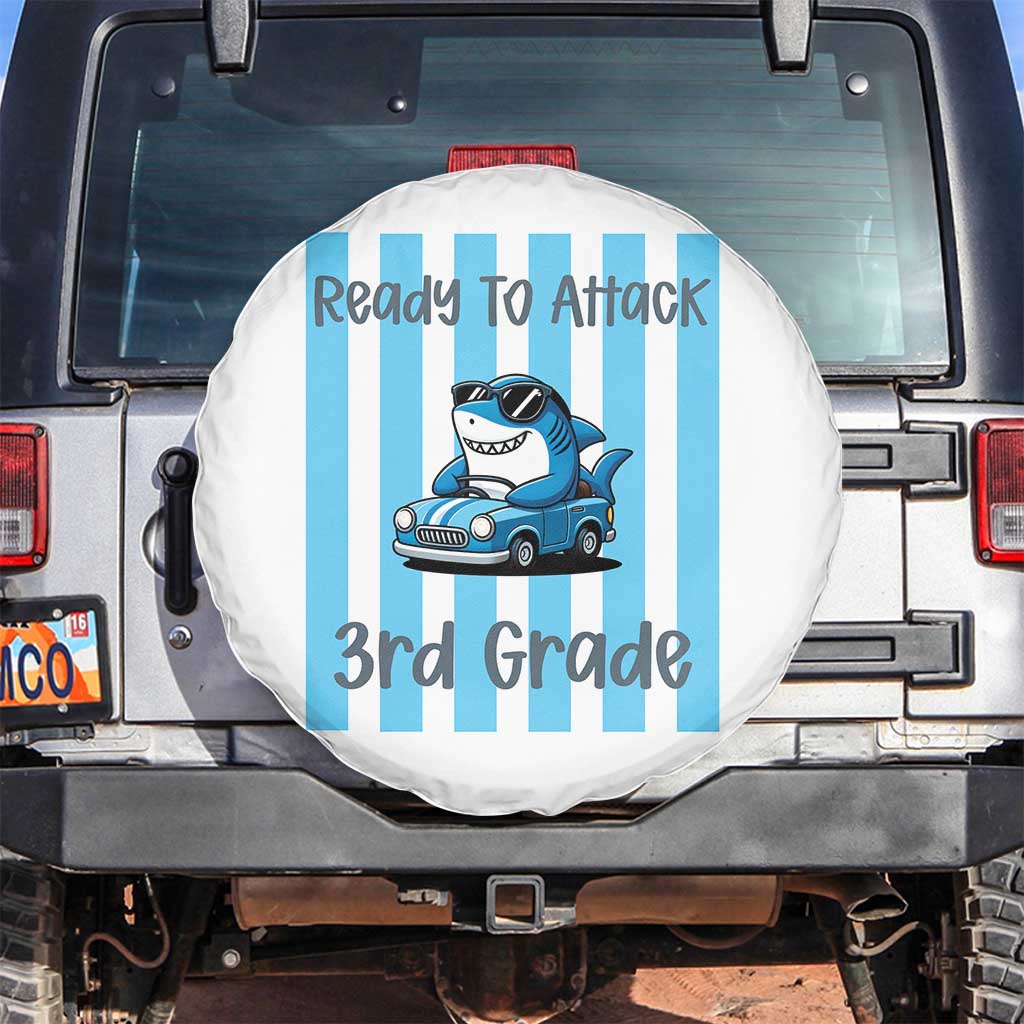 Ready To Attack 3rd Grade Spare Tire Cover Funny Shark Driving Car Back To School TS12 No hole White Print Your Wear