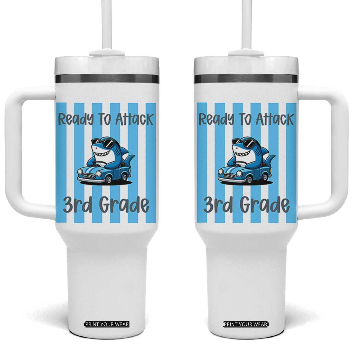 Ready To Attack 3rd Grade Tumbler With Handle Funny Shark Driving Car Back To School
