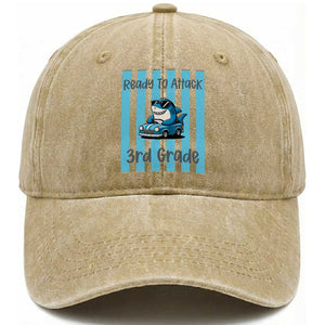 Ready To Attack 3rd Grade Washed Cotton Baseball Cap Funny Shark Driving Car Back To School TS12 Print Your Wear