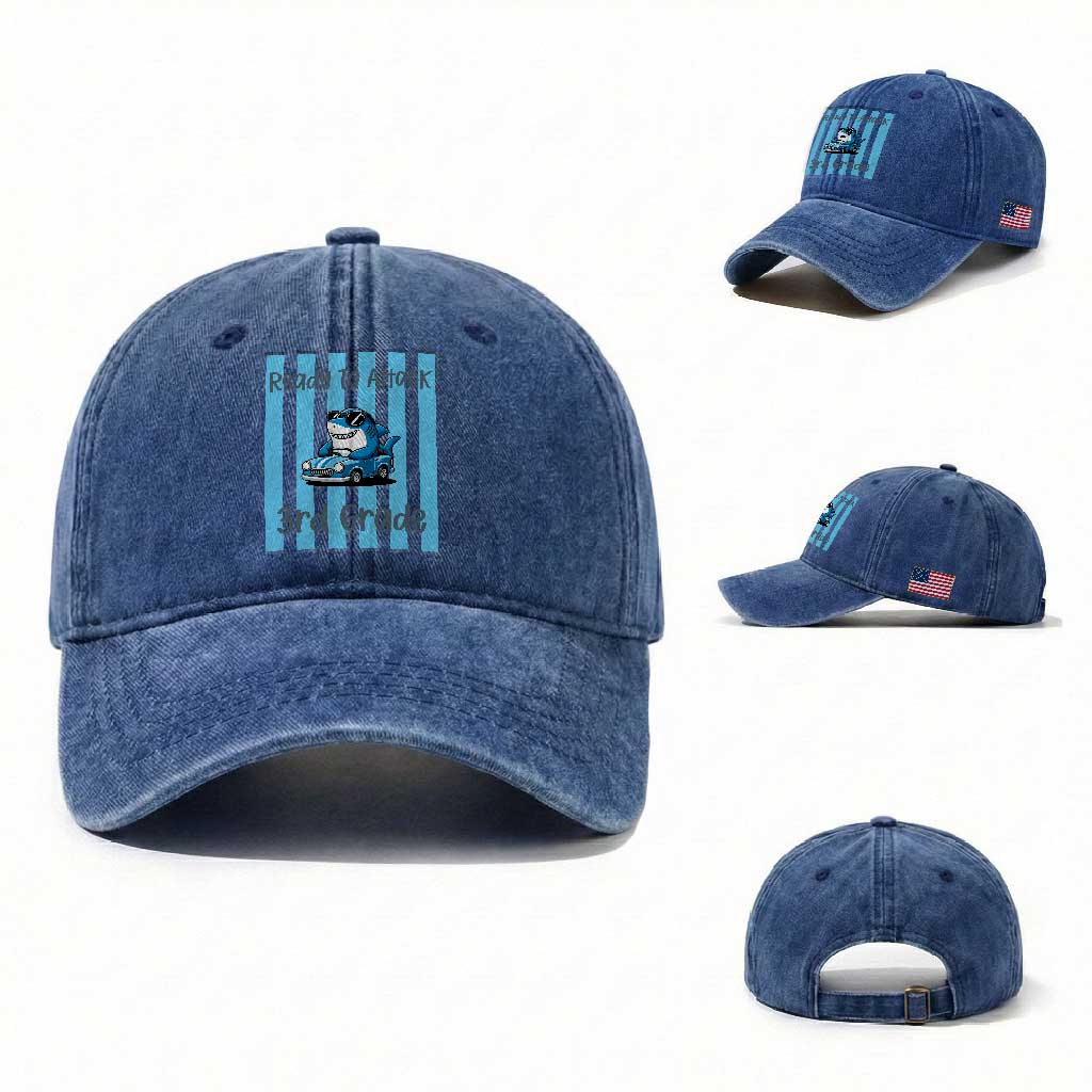 Ready To Attack 3rd Grade Washed Cotton Baseball Cap Funny Shark Driving Car Back To School TS12 Washed Cap Universal Fit Royal Blue Print Your Wear