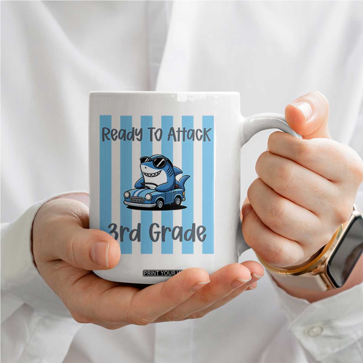 Ready To Attack 3rd Grade Coffee Mug Funny Shark Driving Car Back To School