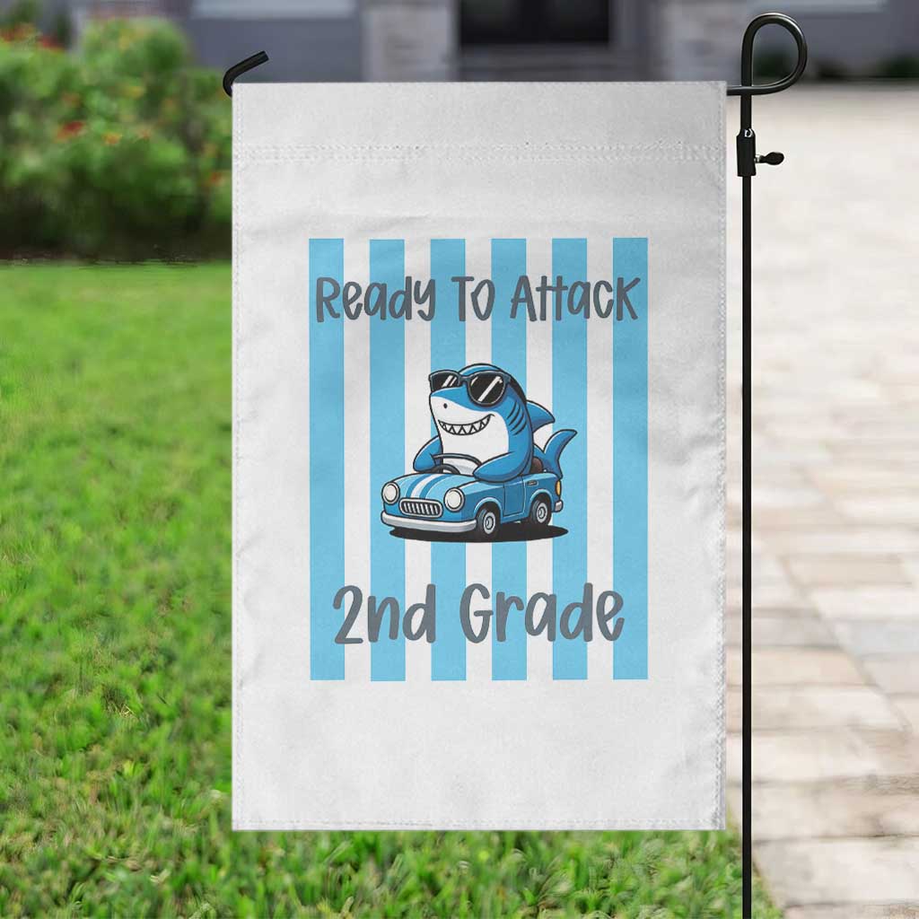 Ready To Attack 2nd Grade Garden Flag Funny Shark Driving Car Back To School